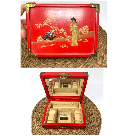 Asian themed wooden jewelry box vintage NWOT